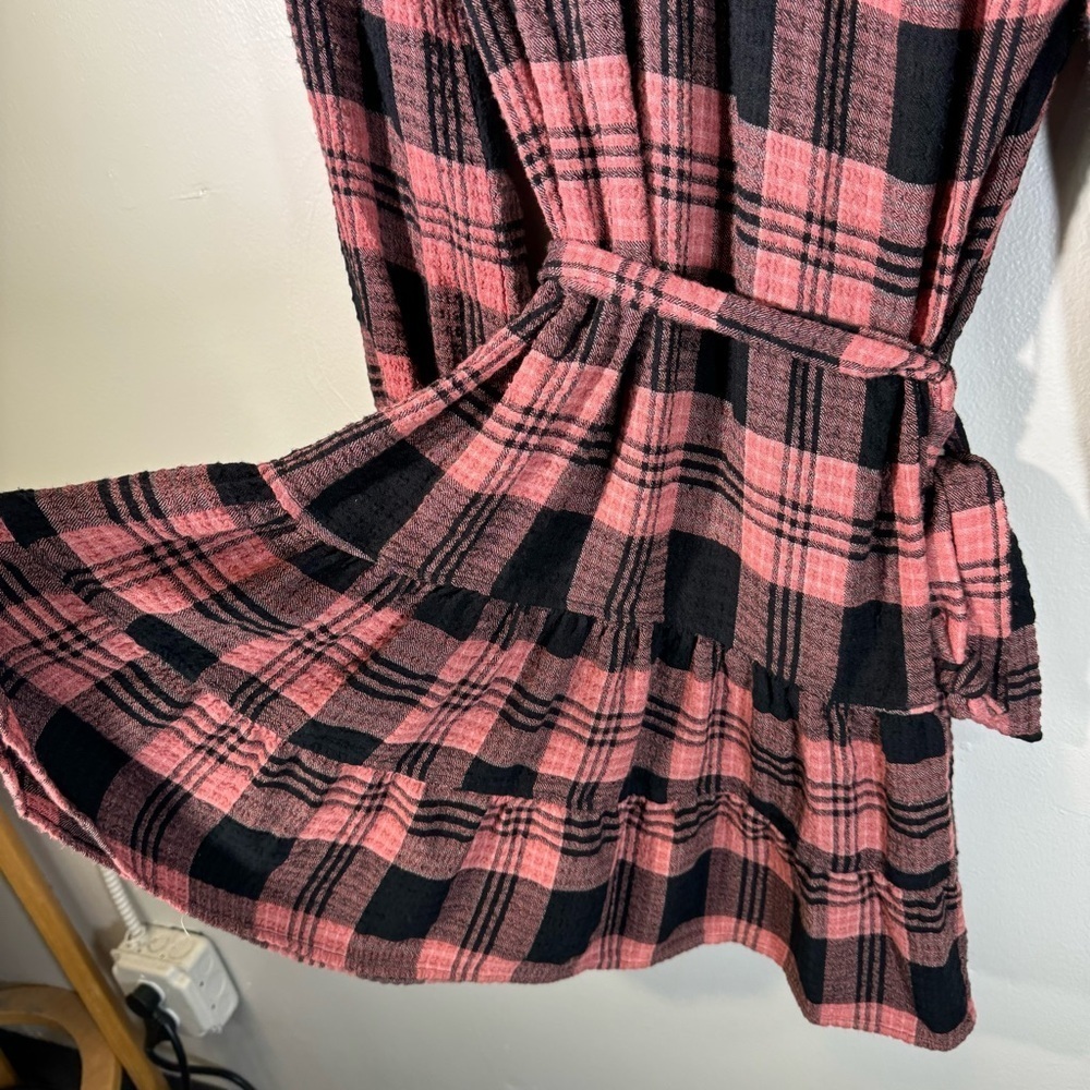 Anthropologie Cloth&Stone Plaid Daia Belted Tier Mini Dress Raglan Long Sleeves - Picture 5 of 16